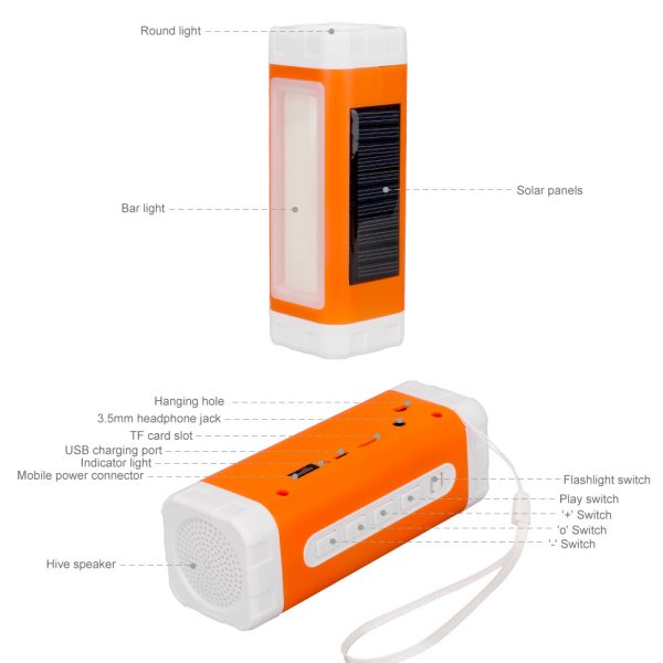 Solar Flashlight, Speaker & USB Charger
